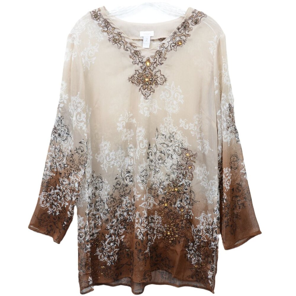 Chico's Women's LG/12 (2) Gold Jeweled Embroidered Brown Peasant Tunic Blouse To